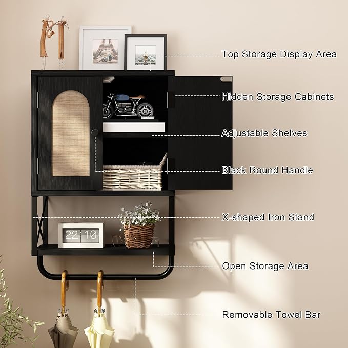 RUSTOWN Rattan Bathroom Wall Cabinet, Boho Over The Toilet Storage Cabinet | Arched Rattan Doors, Modern Medicine Cabinet, Adjustable Shelves, Towel Bar, Black