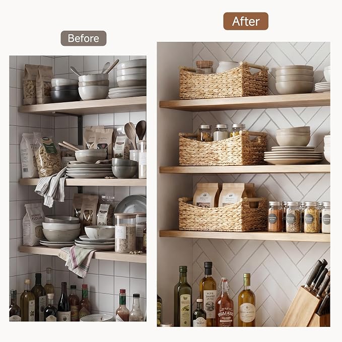 StorageWorks Large Wicker Baskets for Organizing, Water Hyacinth Storage Baskets with Handles, Woven Baskets for Pantry Storage, 15" x 11" x 6¾", 1-Pack