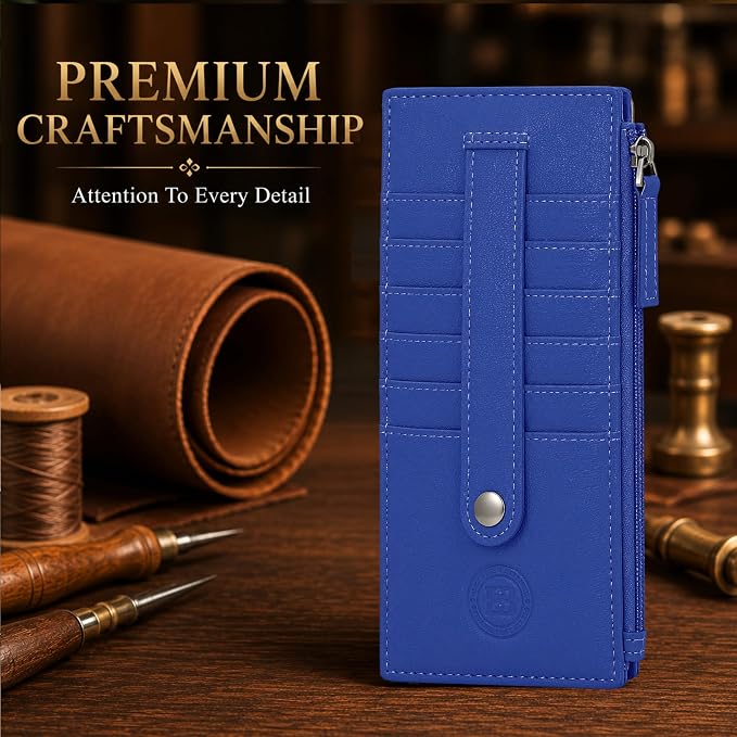 Leatherboss Genuine Leather Women's All in One Credit Business Card Case Holder Slim Zipper Wallet With a Card Protection Strap, Oxford Blue