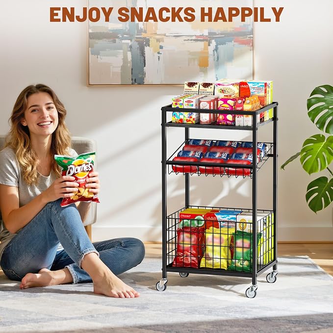 Fruit Vegetable Cart, 3-Tier Snack Cart on Wheels & Wood Top, Black | Vegetable Rack For Kitchen, Kitchen Cart Organizer for Fruit, Vegetables, Potato, Snack