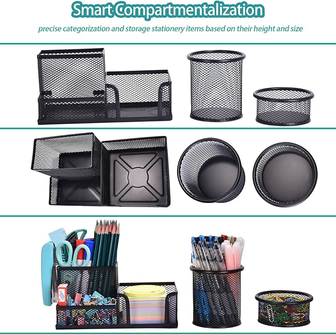 Freewindo Mesh Desk Organizer, Set of 3 Pen Holder Office Desk Accessories with Pencil Holder Sticky Note Holder, Pencil Cup and Paperclips Cup