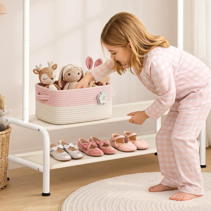 Kids Clothing Rack - Dress Up Clothes Rack - Baby Toddler Closet - Mini Freestanding Coat Racks with 2 Fabric Shelves - Small Kids Costume Wardrobe - Garment Rack for Hanging Clothes Organizer