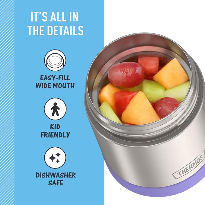 THERMOS FUNTAINER Kids Food Jar, 10oz, Purple | Kid-Friendly Stainless Steel Insulated Food Container, Keeps Food Hot or Cold Longer for School & Play, BPA Free