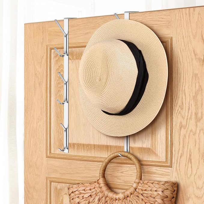 Tandefio 4 Pack 13.8" Over The Door Hook Hanger Comes with 6 Hooks from Large to Small Metal Extra Long Over The Door Hooks Hanger for Hats Rack Coat Scarf Purse Bags Scarf Keys and More (Silver)