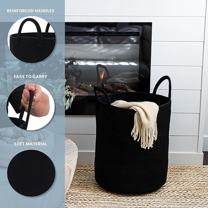 OrganiHaus Large Black Woven Laundry Basket w/Handles 52L, Rope Dirty Clothes Hamper, Blanket Basket for Living Room, Baby Laundry Hamper for Nursery, Soft & Durable Decorative Organizer Bin