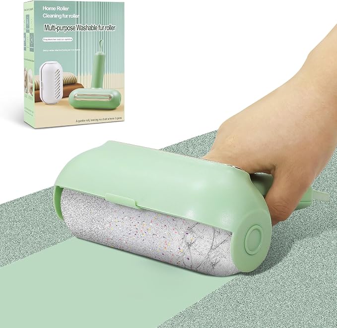 Reusable Lint Roller for Pet Hair Extra Sticky, Washable Silicone Lint Roller Reusable for Clothes, Mini Travel Size Portable Sticky Lint Roller with Handle & Hanging Loop, Green 1 Pack