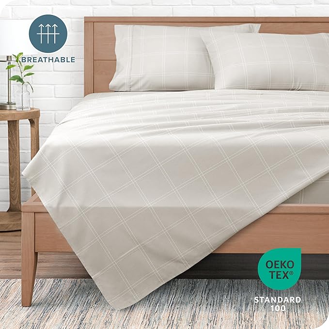Bare Home Twin XL Sheet Set - College Dorm Size - Luxury 1800 Ultra- Soft Double Brushed Microfiber - Deep Pockets - Easy Fit - 3 Piece Bedding Sheet Set (Twin XL, Modern Plaid - Stone/White)