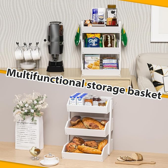 Gmtsl Bamboo Fruit Basket for Kitchen, Fruit Holder for Kitchen Countertop | 3 Tier Fruit bowl for Kitchen Counter, Fruit Stand, Vegetable Basket Storage, Produce Organizer, Bread Snack Display(White)