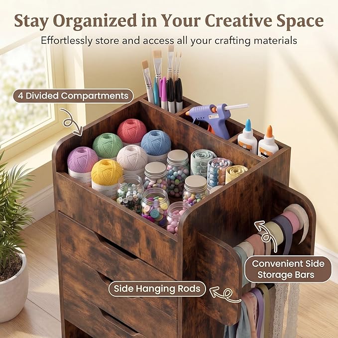 Tangkula Rolling Storage Cart with Drawers, Industrial Aesthetics Organizer Cart w/Lockable Casters, Makeup Utility Cart w/3 Shelves, Slots & Dowels, Storage Cabinets on Wheels, Home Office Craft Cart