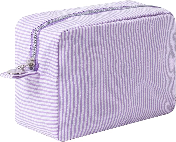 Large Capacity Striped Pencil Case Cosmetic Bag with Zipper Portable Stationery Organizer Pouch for School Students Teens Travel Toiletry Bag (Purple)