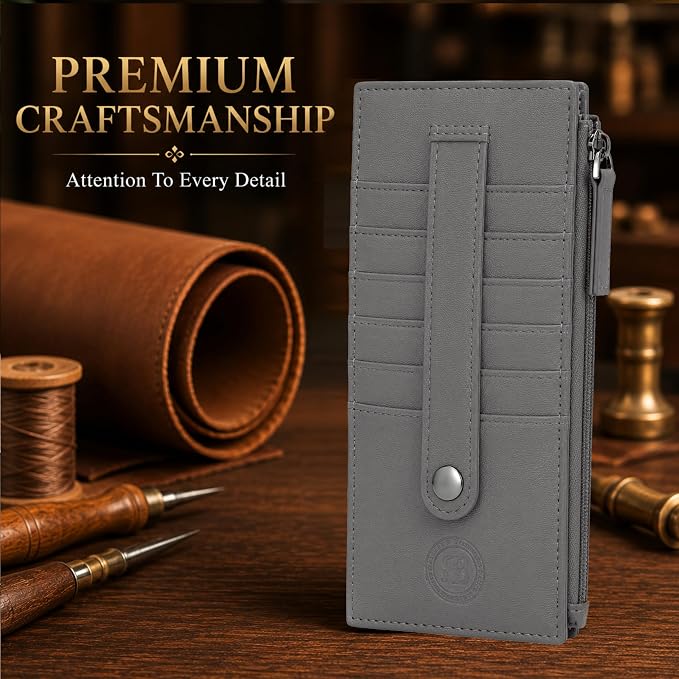 Leatherboss Genuine Leather Women's All in One Credit Business Card Case Holder Slim Zipper Wallet With a Card Protection Strap, Gray