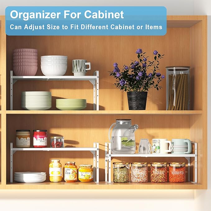 15.5 to 25.5 Inch Kitchen Cabinet Shelf Organizers, Adjustable Kitchen Counter Shelf Organizer, Set of 4 Expandable Countertop Storage Shelves, Stackable Design, 30LBS Heavy Duty, Space Saver