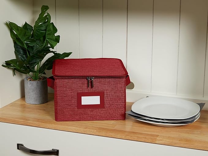Covermates Dish Storage Box – China & Dinner Plate Storage Container with Dual Zippers, Reinforced Handles, ID Window & Stackable Structured Walls for Dishware Organization, Red Heather