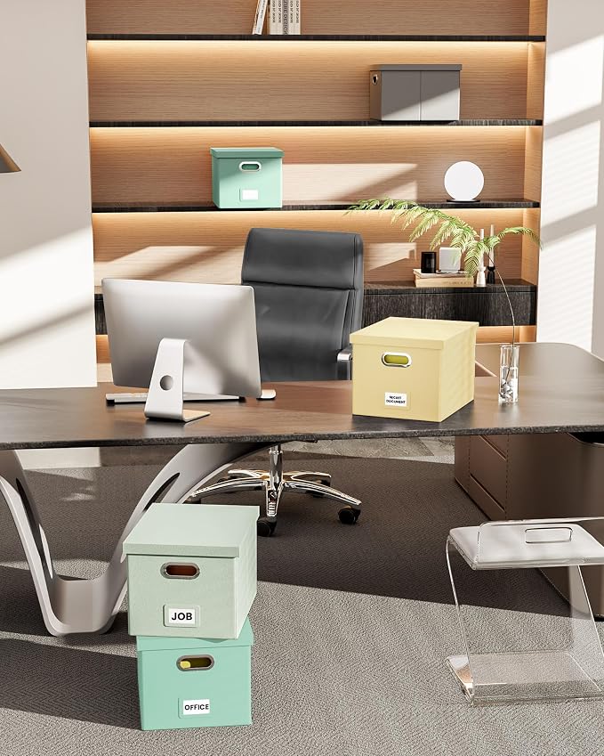 Oterri 2 Pack File Storage Organizer Box,Portable File Box with Lid,Fit for Letter/Legal File Folder Storage, Mint-green(Leather)