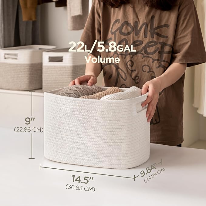 4 Pack Storage Baskets for Organizing, Shelf Baskets with Handles, White | 14.5"L x 9.8"W x 9"H, Woven Basket, Cotton Rope Basket, Toy Storage, Cube Shelf, Gift Baskets Empty, Home Decor
