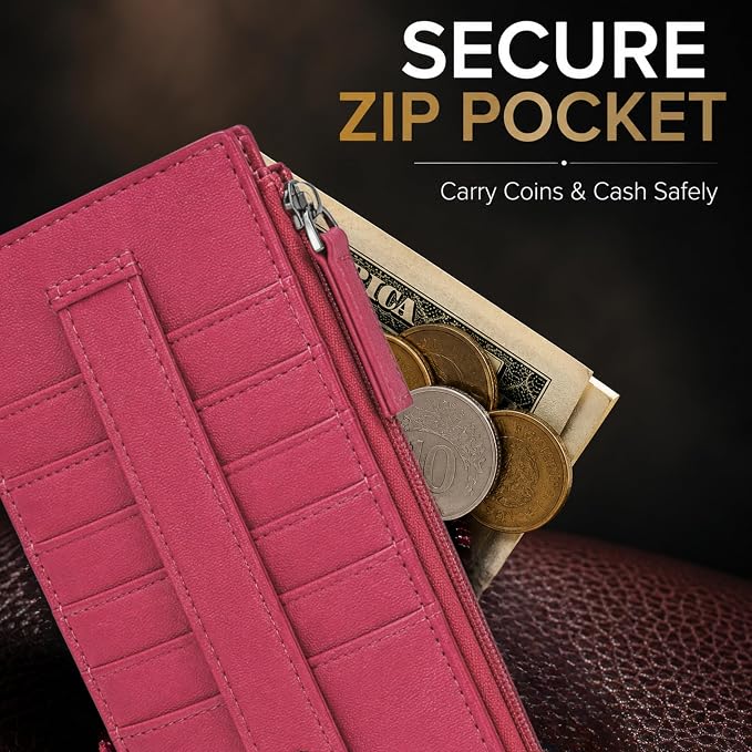 Leatherboss Genuine Leather Women's All in One Credit Business Card Case Holder Slim Zipper Wallet With a Card Protection Strap, Pink