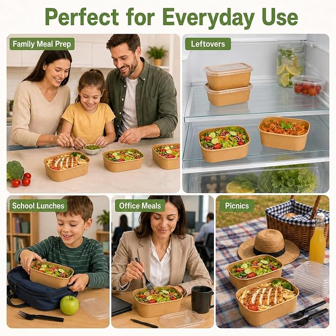 50 Pack 29oz Disposable Kraft Paper Bowls with Lids and Forks, Leak Resistant Meal Prep Containers, Microwave & Freezer Safe for Weekly Lunch Prep, Leftovers, Takeout and Party
