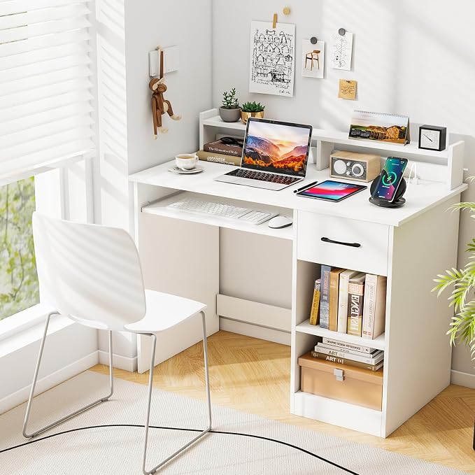Tangkula White Desk with Drawer & Keyboard Tray, Home Office Desk with Built-in Charge Station & Adjustable Shelf, Study Writing Table with Hutch, Modern Computer PC Workstation