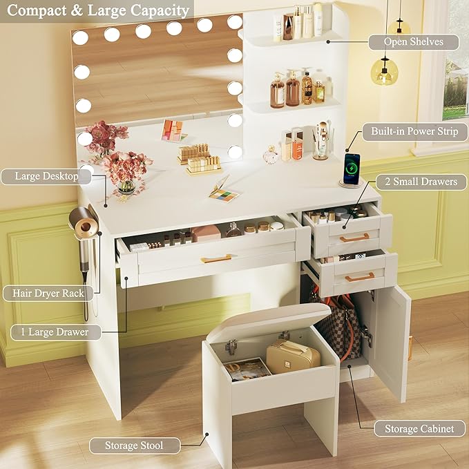 HUAHUU Vanity Desk with Lights, 37inch Makeup Vanity Desk with Mirror & Power Outlet, 3 Colors Lighting Adjustable Brightness, Makeup Vanity Set with Cushioned Chair and Cabinet, 3 Drawers, White