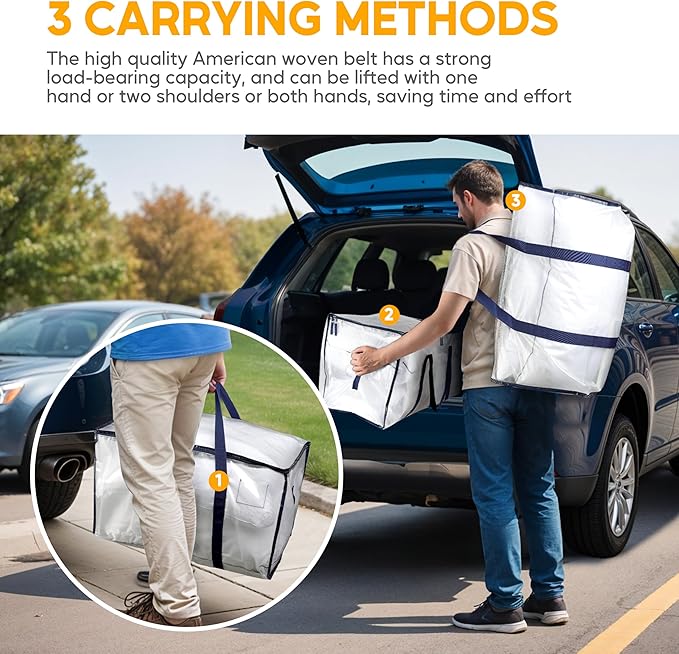 HealSmart 8 Pack Large Moving Bags with Zippers & Handles, Moving Supplies with lids, Heavy Duty Totes for Space Saving, Fold Flat, Moving and Storing, Clear