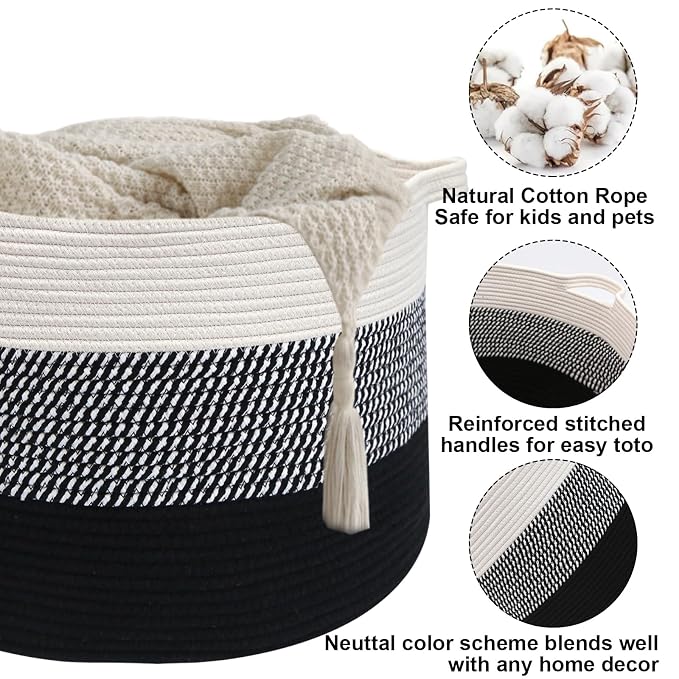 90L Extra Large Blanket Basket,Woven Rope Laundry Basket Hamper with Handles, Decorative Nursery Basket Storage Bin for Toys, Clothes Organizer, Living Room, Bedroom, Bathroom, Black