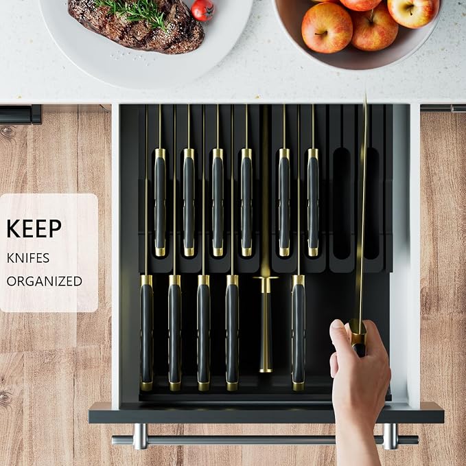 Domax Bamboo In-drawer Knife Block - Kitchen Knife Drawer Organizer Insert, Knife Holder without Knives Large, Drawer Knife Organizer Fits for 16 knives and 1 Sharpening Steel (Not Included), Black