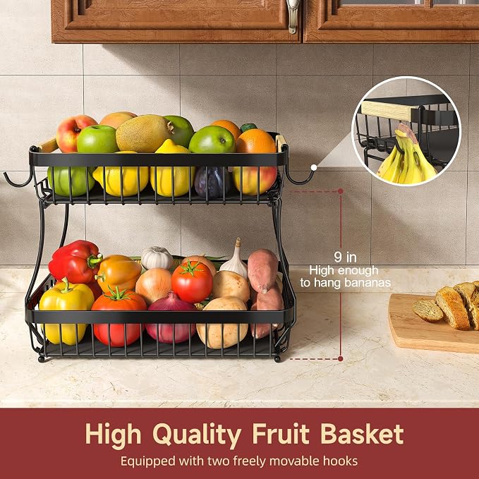 Sevenblue 2-Tier Fruit Basket with Banana Hangers, Detachable Metal Bowl | Wooden handle, protective mats included. Versatile holder for bread, snacks, and veggies. Extra Large 2 tier metal design.