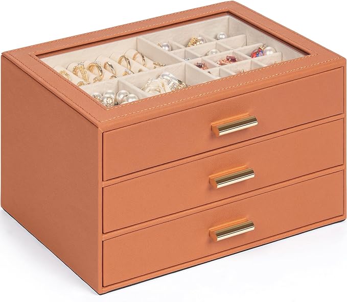 AKOZLIN Jewelry Box with Clear Lid Functional Leather Jewelry Storage Organizer Case 3 Drawers for Women Girls Necklace Ring Bracelet Earring