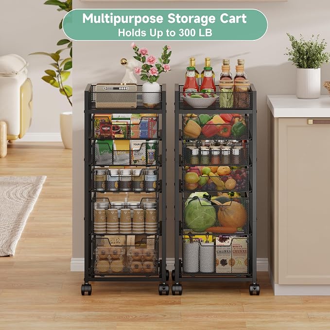 6-Tier Rolling Cart with 5 Drawers & Top Basket, Snack Cart with Wheels | Metal Utility Storage Cart - Fruit Vegetable Rack on Wheels, Kitchen Organization for Cans, Spices, Craft, Art, Beauty