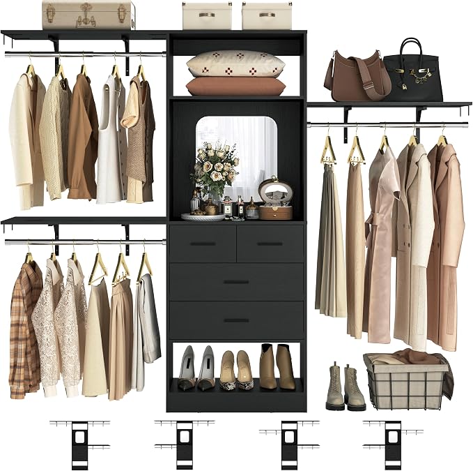 Unikito 8FT Closet System with 4 Drawers, 96" Wood Closet Organizer with Mirror and Hanging Rods, Sturdy Walk in Wardrobe Closet Insert with Tower, 96" W x 16" D x 80" H (Can Be Cut To Fit), Black