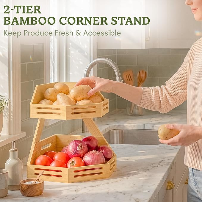 HOMESTEAD 2-Tier Bamboo Corner Shelf Organizer, Fruit Vegetable Produce Stand with Air Vents, Countertop Standing Rack for Kitchen, Bathroom, Corner Shelf Space Saver