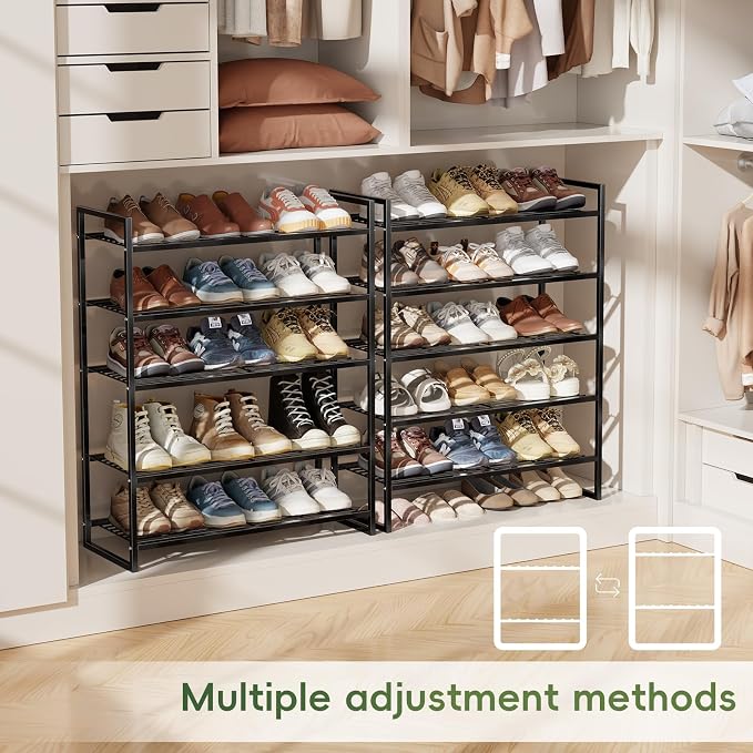 5 Tier Shoe Rack for Closet, 27 Inch Long Square Shoe Storage Organizer for Shelves, Heavy Duty Metal, Easy Assembly Stackable, Black