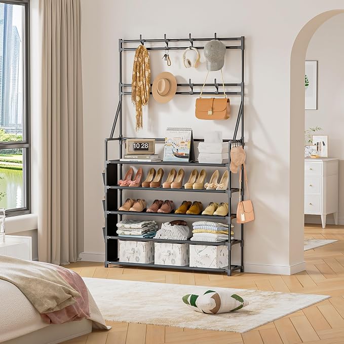 OYREL Shoe Rack, 5 Tier Shoes Storage Organizer with Hooks and Side Pocket | 20-25 Pairs, for Closet/Entrance/Entryway, Stackable & Detachable Closet Organizers and Storage Free Standing Shoe Rack