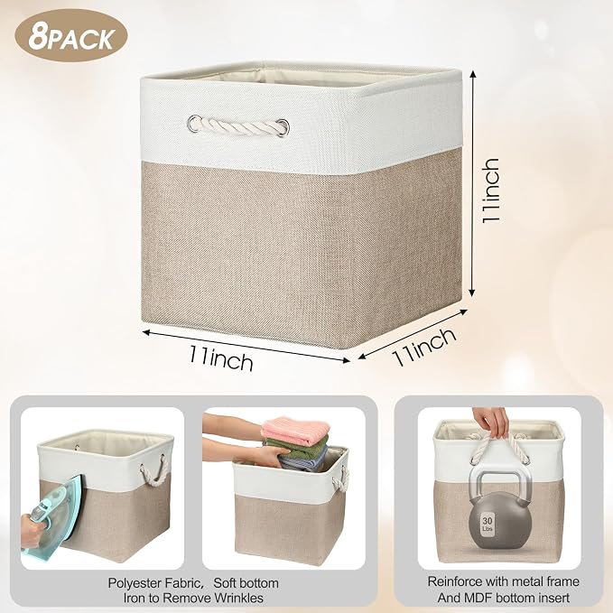 meekoo 8 Pack Collapsible Storage Bins Fabric Storage Bins Polyester Fabric Baskets with Handles Linen Closet Organizer for Shelf Home Closet Towels Toys(11 x 11 x 11 in,Beige)