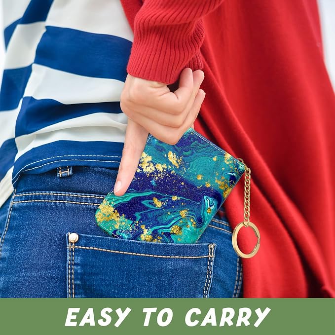 Aiawoxc Credit Card Holder for Women, Small RFID Wallet Slim Leather Card Organizer Case with Zipper and Keychain, Ocean Marble