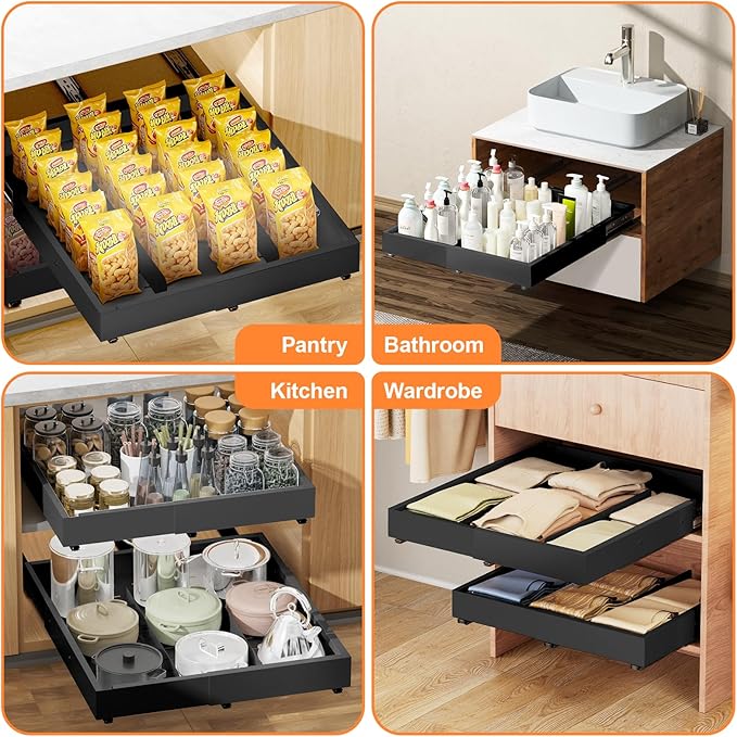 Pull out Cabinet Organizer Expandable W(12"-20") and D(16"-22"), No Drill Adjustable Slide Out Drawers With 3 Slide Rails, 2Pcs Magnetic Panel, Adhesive Roll out Shelves for Kitchen, Cabinets, Pantry