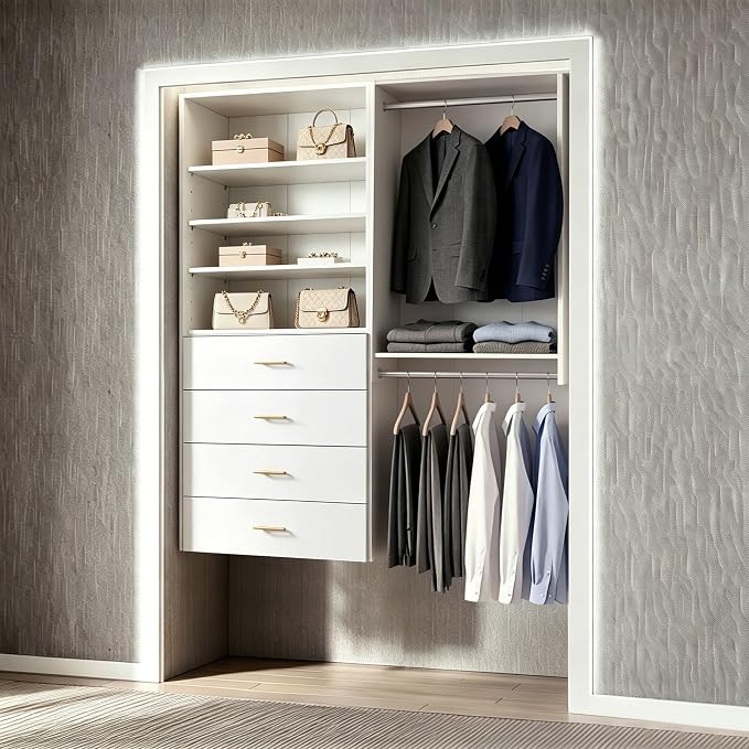 34.5" Double Hanging Closet Module, White MDF Closet Organizer System with 2 Aluminum Hanging Rods, Wall-Mounted Wardrobe Storage for Shirts, Pants, Coats, Bedroom, Walk-In Closet Unit