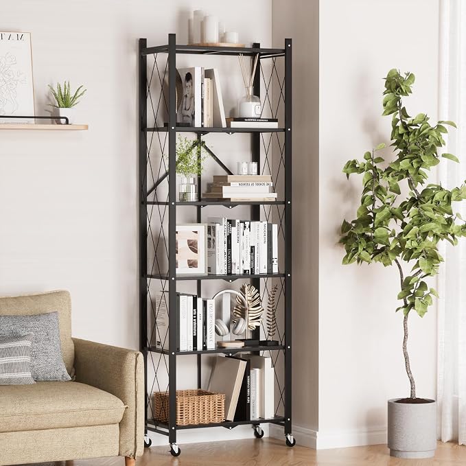 ALANNG 73.6 Inch Folding Bookshelf, 6 Tier Metal Bookcase and Bookshelves | Tall Shelves for Living Room Office Bedroom, Heavy Duty Book Shelve Free Standing Open (Black, 1PACK)