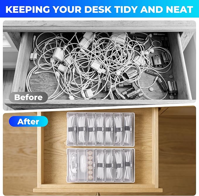2 Pack Cable Organizer Box with 14 Clear Switch Case, Cable Straps and Label Stickers, Travel Cord Organizer for Charging Cables, USB Wires, Earphones – Drawer Organization for Home & Office