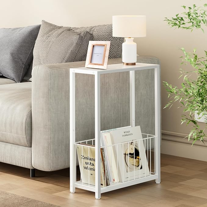 Homleke Narrow Side Tables Set of 2 with Magazine Holder, Skinny End Tables | Space-Saving Design, Small Spaces, Storage Shelf, Metal Frame, Easy Assembly, 7.1" D x 16.9" W x 23.6" H, White