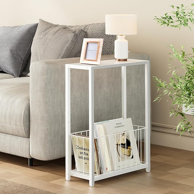 Homleke Narrow Side Table with Magazine Holder, Skinny End Table | Space-Saving Design, Small Spaces, Storage Shelf, Metal Frame, Easy Assembly, 7.1" D x 16.9" W x 23.6" H, White