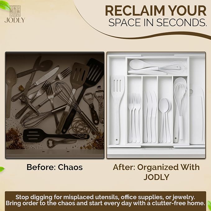 Bamboo Kitchen Utensil Drawer Organizer for Silverware | 100% Natural Expandable 14-20 Inch Kitchen Drawer Organizers for Utensils | Non-Slip Base | Screwed Joints for Long-Lasting Durability