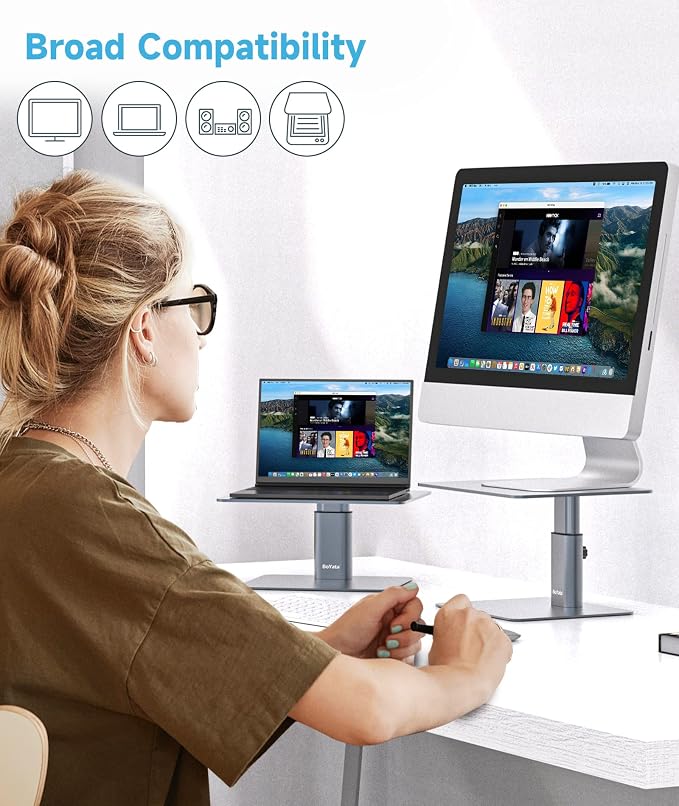 BoYata Monitor Stand, Adjustable Height Metal Desktop Riser, Space Gray | Height-adjustable metal riser with open storage space underneath for monitors, laptops, iMacs, PCs and TVs
