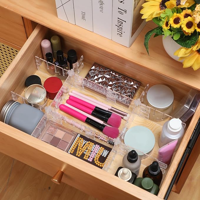 45 Pcs Adjustable Clear Drawer Dividers with Fixed Buckle DIY Plastic Drawer Organizer Box Dividers Back to School Gift for Sock Underwear Makeup Kitchen Bedroom Dresser Office Storage(Clear)