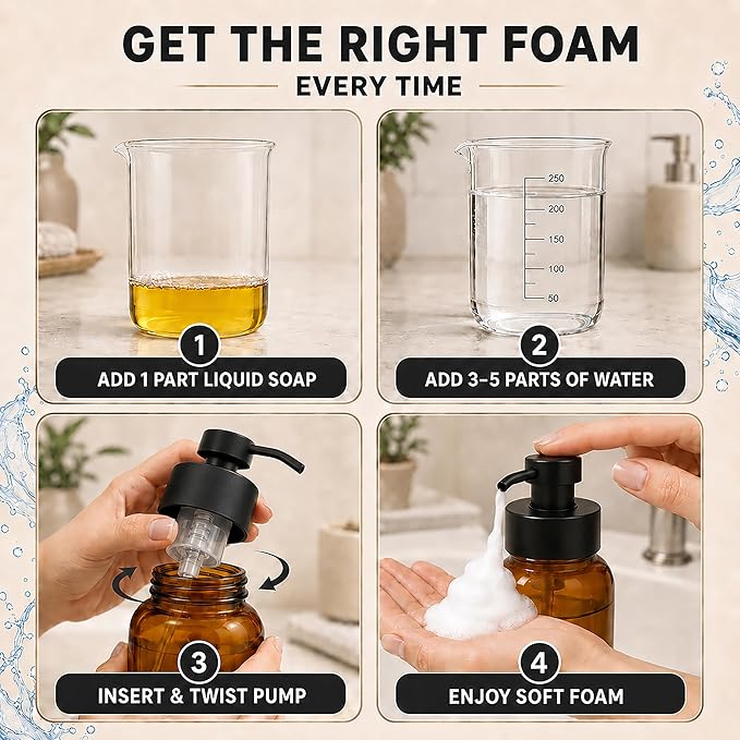 2Pcs Amber Glass Foaming Soap Dispenser - 8.5 oz Amber Glass Soap Dispenser with Pump, Compatible with Hand Soap, Dish Soap, Shampoo and Gel, Durable, Stylish & Refillable for Bathroom and Kitchen