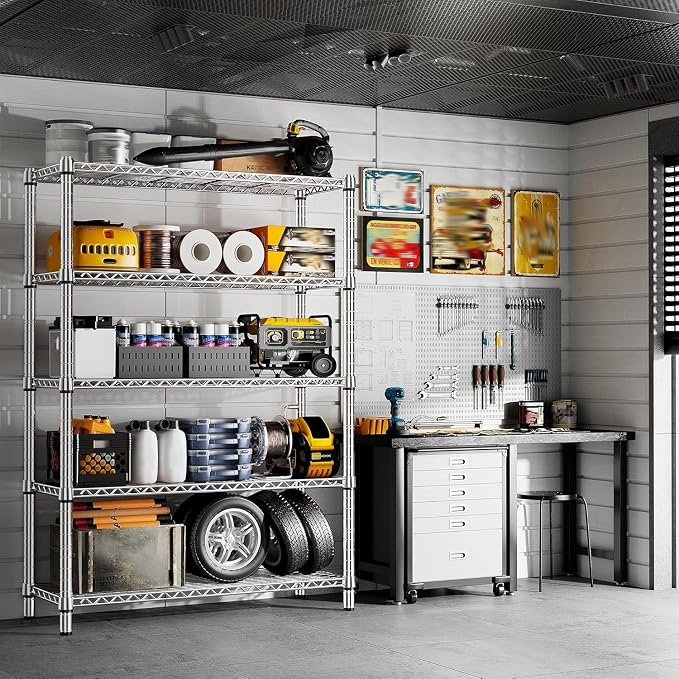 REIBII 5 Tier Metal Shelving Storage Shelves, 71''H Adjustable Wire Shelves Garage Shelving Unit for Kitchen, Pantry, Laundry Room, Warehouse, Office, 71H X 35.5W X 14D, Chrome
