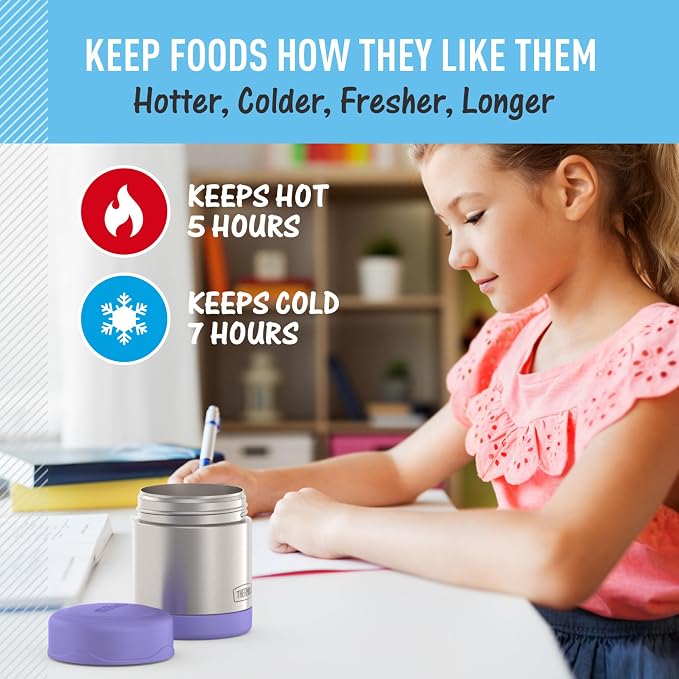 THERMOS FUNTAINER Kids Food Jar, 10oz, Purple | Kid-Friendly Stainless Steel Insulated Food Container, Keeps Food Hot or Cold Longer for School & Play, BPA Free