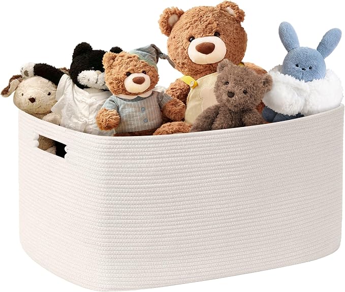 60L Woven Laundry Basket Hamper with Handles, White | 21"x15"x11", collapsible wicker hamper, storage for dirty clothes, toys, blankets, gifts, living room, bedroom, bathroom