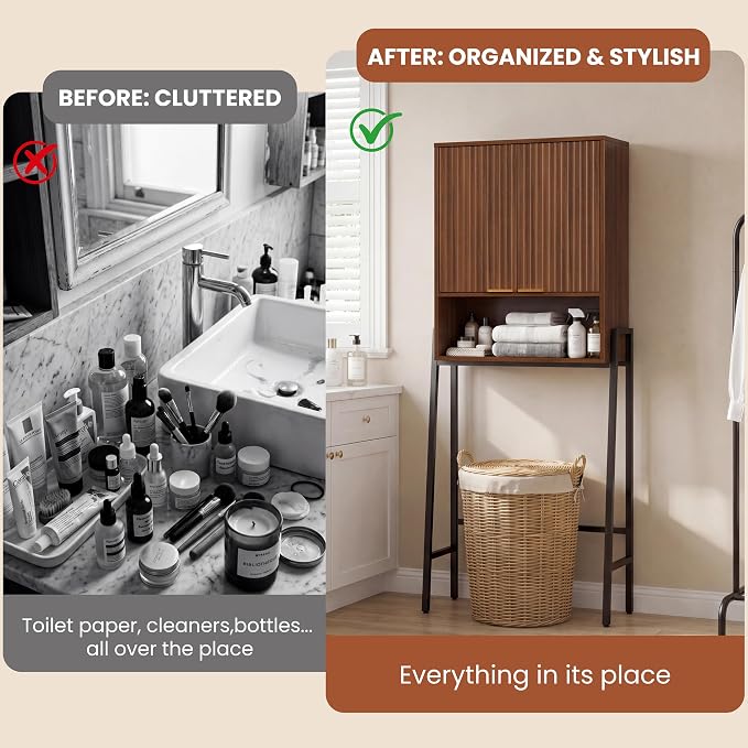 25" W Over The Toilet Storage Cabinet with Fluted Door,Bathroom Organizers and Storage with Adjustable Shelves, Modern Over Toilet Organizer for Bathroom,Restroom,Laundry,Walnut