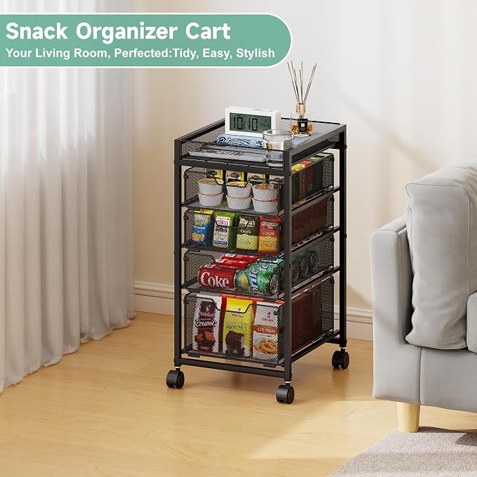 5-Tier Rolling Cart with Drawers & Top Basket, Snack Cart with Wheels | Metal Kitchen Utility Storage Cart - Fruit Vegetable Storage Stand, Kitchen Organization Rack for Cans, Craft, Art, Beauty